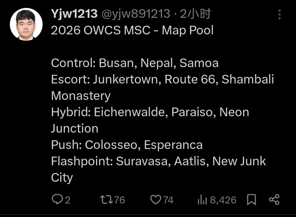 OWCS 26EWC季中冠军赛地图池曝料